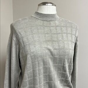 Perry Ellis men’s large grey gray silk cotton grid pattern mock neck sweater